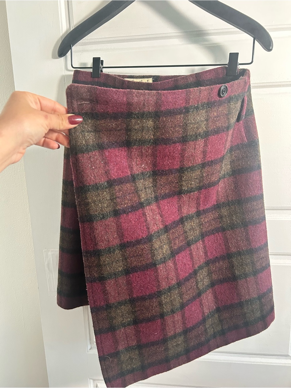 Eddie Bauer Wool Blend Plaid Wrap Skirt Burgundy Olive Size 8